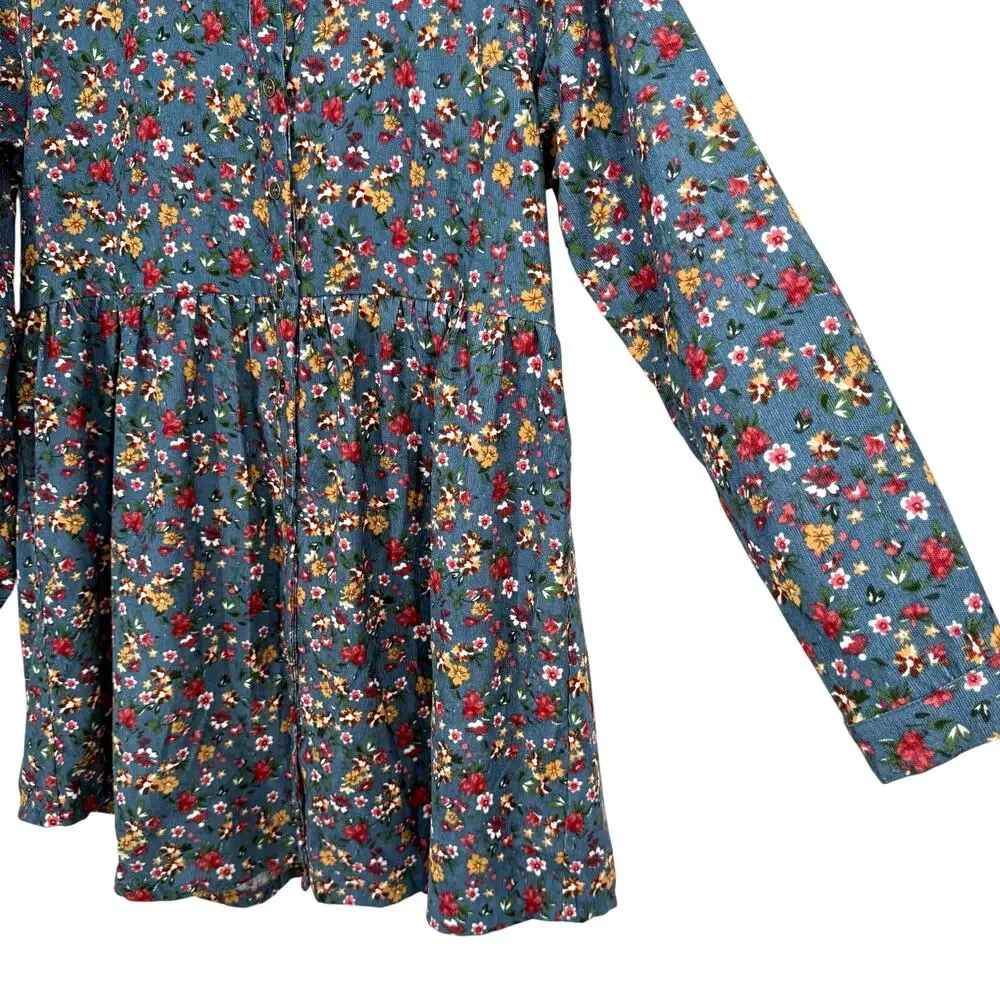 UMGEE Sz Small Floral Corduroy Dress Long Sleeve Fall Winter Autumn Artsy Blue - Picture 6 of 9